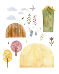 watercolor clipart set with a cozy house, trees, hills, clouds, stars, and a crescent moon. whimsica