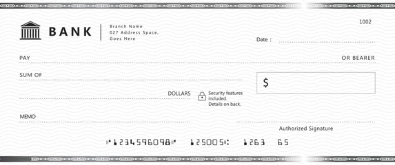 Wall Mural - blank bank check, checkbook cheque template with blue guilloche, vector mockup. money payment bank c