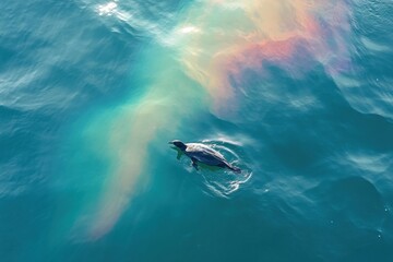 Poster - Oil spill creates danger for seabird as it struggles to stay afloat on rainbow sheen in ocean waters. Generative AI