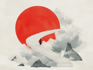 Poster - Journey through clouds spiritual path surreal illustration abstract art dreamlike atmosphere