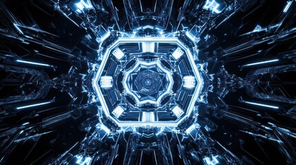 Poster - Futuristic blue neon tunnel, abstract background, digital art, sci-fi design