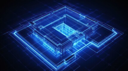 Poster - Digital Blueprint Neoclassical Building, Circuit Background