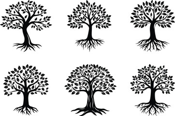 A stylized tree with leaves and roots silhouette vector illustration set, A tree with leaves and roots vector icon design