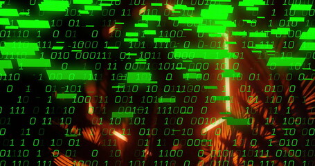 Poster - binary code image over neon lights and abstract shapes