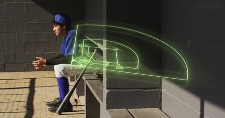 Poster - Sitting on bench, baseball player with bat over field diagram image