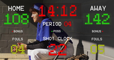 Poster - Scoreboard image over baseball player sitting in dugout with bat and glove