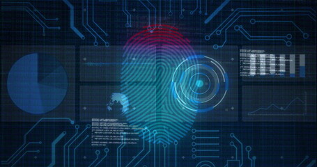 Poster - Fingerprint scanning and data processing image over digital circuit background