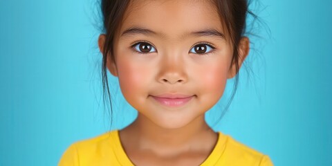 Wall Mural - A young girl with dark hair and a warm smile poses against a vibrant blue background. Her joyful expression radiates happiness and innocence, capturing a delightful moment