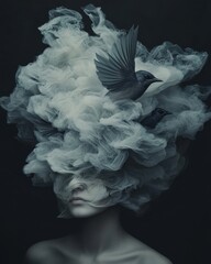 Poster - Flight of imagination ethereal smoke and birds artistic portrait studio surreal concept
