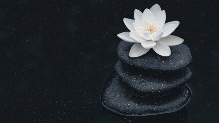 Poster - serene lotus flower on stacked stones tranquil water setting nature calm atmosphere close-up perspec