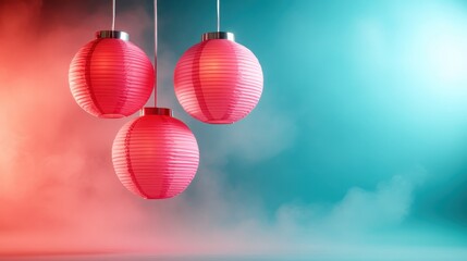 Poster - Three colorful red lanterns are lit up, suspended mid-air against a calming turquoise background, creating a dreamy atmosphere perfect for celebration or relaxation.