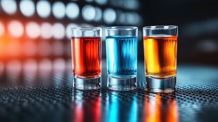 Poster - This image features three vibrantly colored shot glasses filled with red, blue, and orange liquids, beautifully reflecting the ambient light behind them.