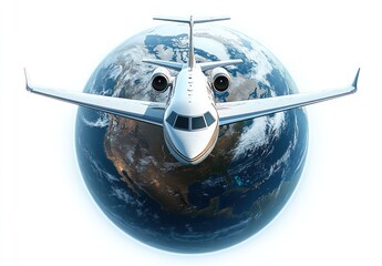 a white airplane is flying over the earth