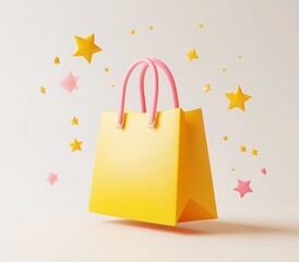 a yellow shopping bag with pink handles is floating in the air