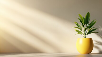 Poster - This serene image showcases a green plant placed in a vibrant yellow pot, featuring soft light and shadow, creating an atmosphere of tranquility and harmony in the setting.