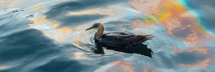 Aufkleber - Oil spill creates rainbow sheen on ocean while seabird struggles to survive in affected waters. Generative AI