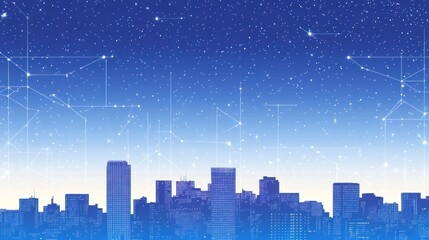 Poster - Night city skyline, starry sky, network connections, urban future, website banner