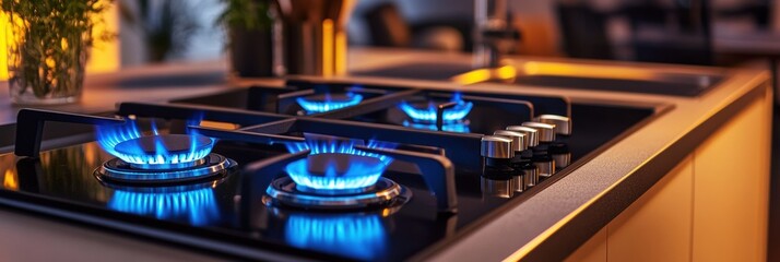 Fototapete - Stylish modern kitchen featuring a sleek stove with vibrant blue gas flames in warm evening light. Generative AI