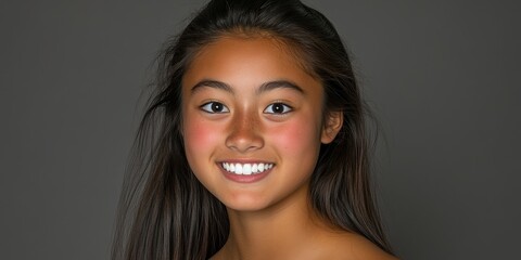 Wall Mural - A young girl with long, dark hair smiles widely, displaying her happiness and confidence. She stands in front of a simple gray backdrop, emphasizing her joyful demeanor and bright features