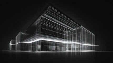 Poster - Modern glass building, night, architectural rendering, dark background, design
