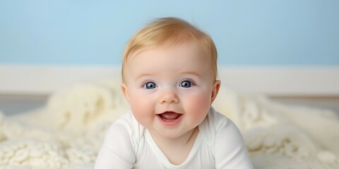 Wall Mural - A joyful baby with short blonde hair and bright blue eyes is crawling on a soft, textured blanket. The room is lit with natural light, giving a warm, inviting atmosphere