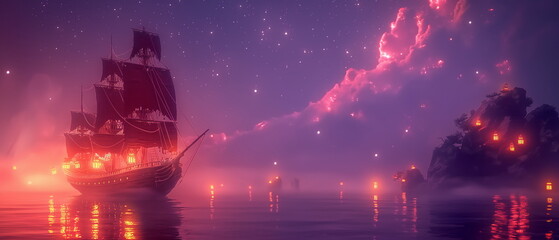 Wall Mural - a classic caravel with red and white sails and a m_003