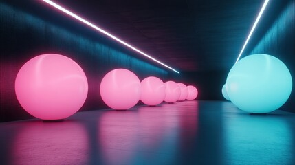 Poster - A series of neon-colored spheres glow softly in a contemporary setting, merging light with space, evoking feelings of intrigue and exploring dimensions of artistic expression.