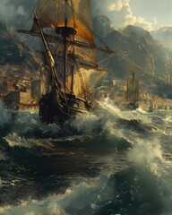 Wall Mural - a classic schooner with a carved wooden hull and t_006