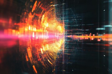 Leinwandbilder - Vibrant digital abstract background depicting light waves and colorful patterns swirling through a dark space. Generative AI