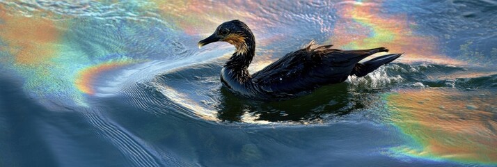 Aufkleber - Oil spill causes distress for seabird in shimmering, polluted ocean waters during daylight. Generative AI