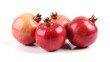 © UMMI - Pomegranates on white background, portrait view. Deep red, fresh, subtle sheen, tightly cropped. Shallow depth of field, emphasizing textures and curves, 8k detail, clean composition.