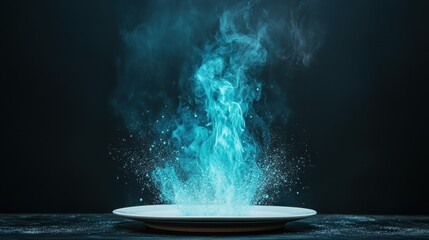 Poster - A mesmerizing blue vapor cloud emanates from a plate against a dark background, creating an abstract representation of energy and transformation.