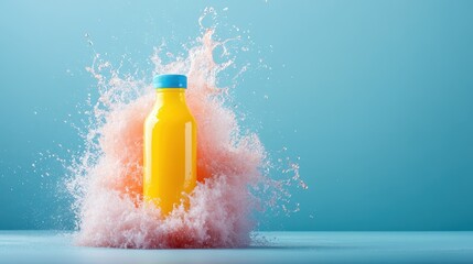 Poster - An artistic photo featuring a bright orange drink bottle amidst an explosive splash, showcasing vitality and temptation, ideal for lifestyle and culinary presentations.