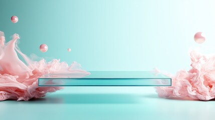 Poster - A mesmerizing blend of soft pink hues swirls around a translucent platform, creating a dreamy, ethereal atmosphere ideal for showcasing products or creativity.