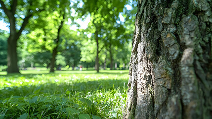 Sunny park tree trunk close-up, people relaxing