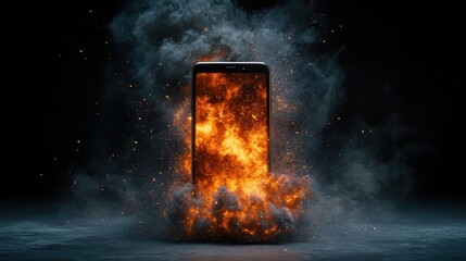 Poster - A smartphone dramatically erupting in flames, surrounded by swirling smoke, representing the explosive power of technology in a metaphorical sense.