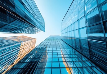Poster - Stunning Architectural View of Modern Glass Buildings Reaching Towards a Bright Blue Sky in an Urban Landscape, Captivating Perspective From Below