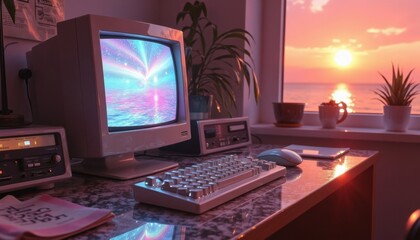 Poster - Retro computer scene with old CRT monitor, sunset view through the window, and vintage feeling