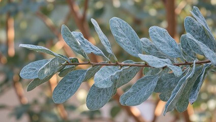Tranquil Australian eucalyptus branch with blue green leaves against textured bark in natural setting