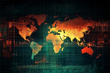 Poster - Abstract World Map Digital Art Orange and Teal Global Network Technology Background Modern Futuristic Design Graphic Illustration for Presentations   