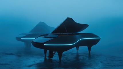 Poster - Two sleek, futuristic pianos illuminated with a soft blue light, set in a foggy, abstract space, creating an ethereal atmosphere that evokes creativity and innovation.