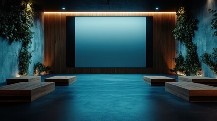 Poster - A natural-inspired space featuring green elements and a blank screen, creating a serene environment for presentations, evoking calm and focus in an organic setup.