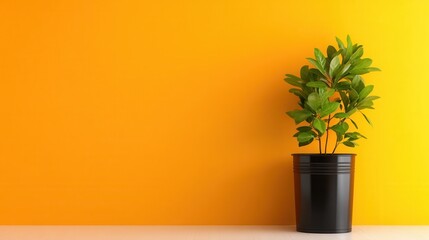 Poster - A modern potted plant sits gracefully against a vibrant yellow wall, showcasing a blend of natural beauty and contemporary design that energizes any space.