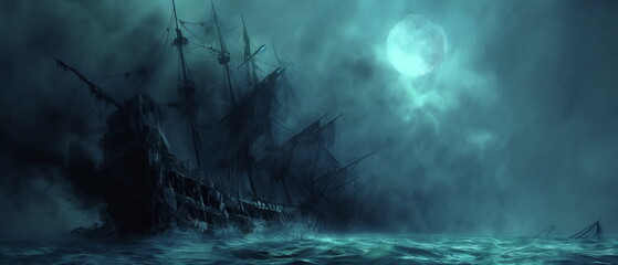 Wall Mural - An abandoned ghost ship with torn sails and masts _002