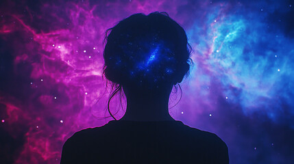 Wall Mural - Back of silhouette of ethereal human soul floating in deep space against vibrant nebula, symbolizing spiritual awakening, cosmic journey, self-discovery, and higher consciousness.

