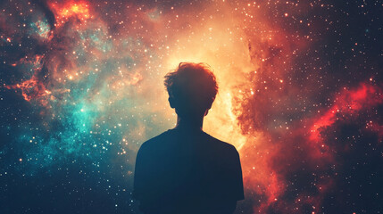 Wall Mural - Back of silhouette of ethereal human soul floating in deep space against vibrant nebula, symbolizing spiritual awakening, cosmic journey, self-discovery, and higher consciousness.

