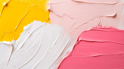 Poster - Abstract close-up of vibrant yellow, white, light pink, and pink paint strokes creates a textural and colorful composition. Fresh and expressive.