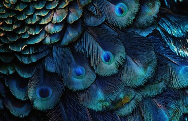 Poster - Vibrant and Lustrous Peacock Feather Close-Up Showcasing Iridescent Colors and Intricate Patterns Against a Dark Background