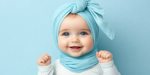 Wall Mural - A joyful baby dressed in a white outfit and a light blue headscarf beams with delight. The soft blue background enhances the playful mood of the moment captured at home