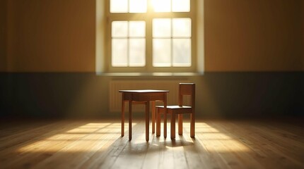 Poster - A sunlit room with a small table and chair, conveying a sense of solitude and quiet contemplation